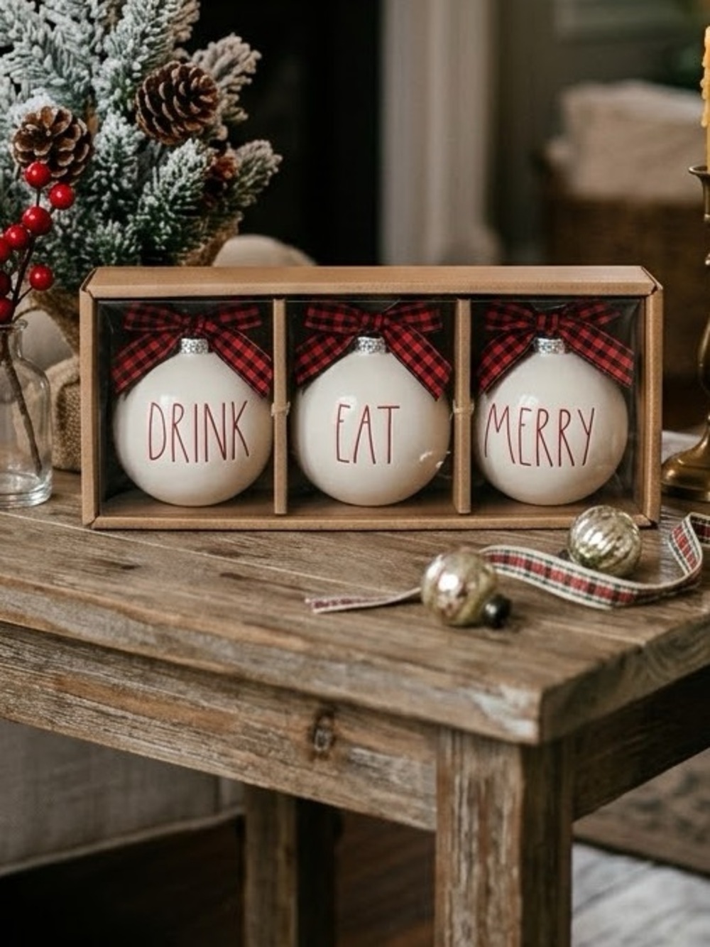 Rae Dunn by Magenta "Drink, Eat, Merry" Christmas Ornament Boxed Set